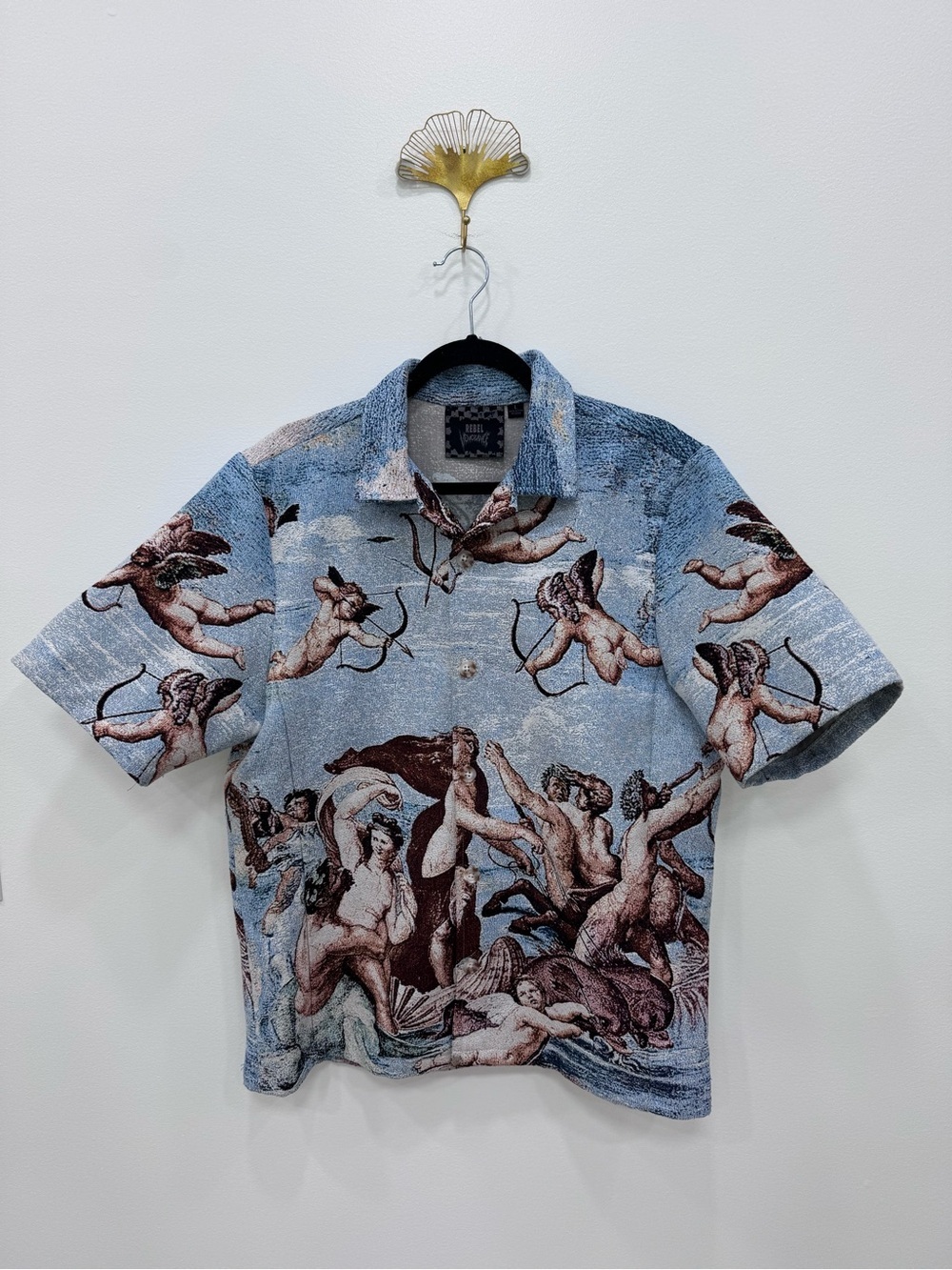 Rebel Vengeance Tapestry Shirt Jacket Mens Large Renaissance Angel Cherub retro